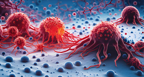 Gambar sel kanker berwarna merah dengan tonjolan menyerupai tentakel yang tampak menyerang jaringan di sekitarnya; latar belakang menunjukkan struktur bulat berwarna biru yang menyerupai sel sehat atau komponen ekstraseluler.